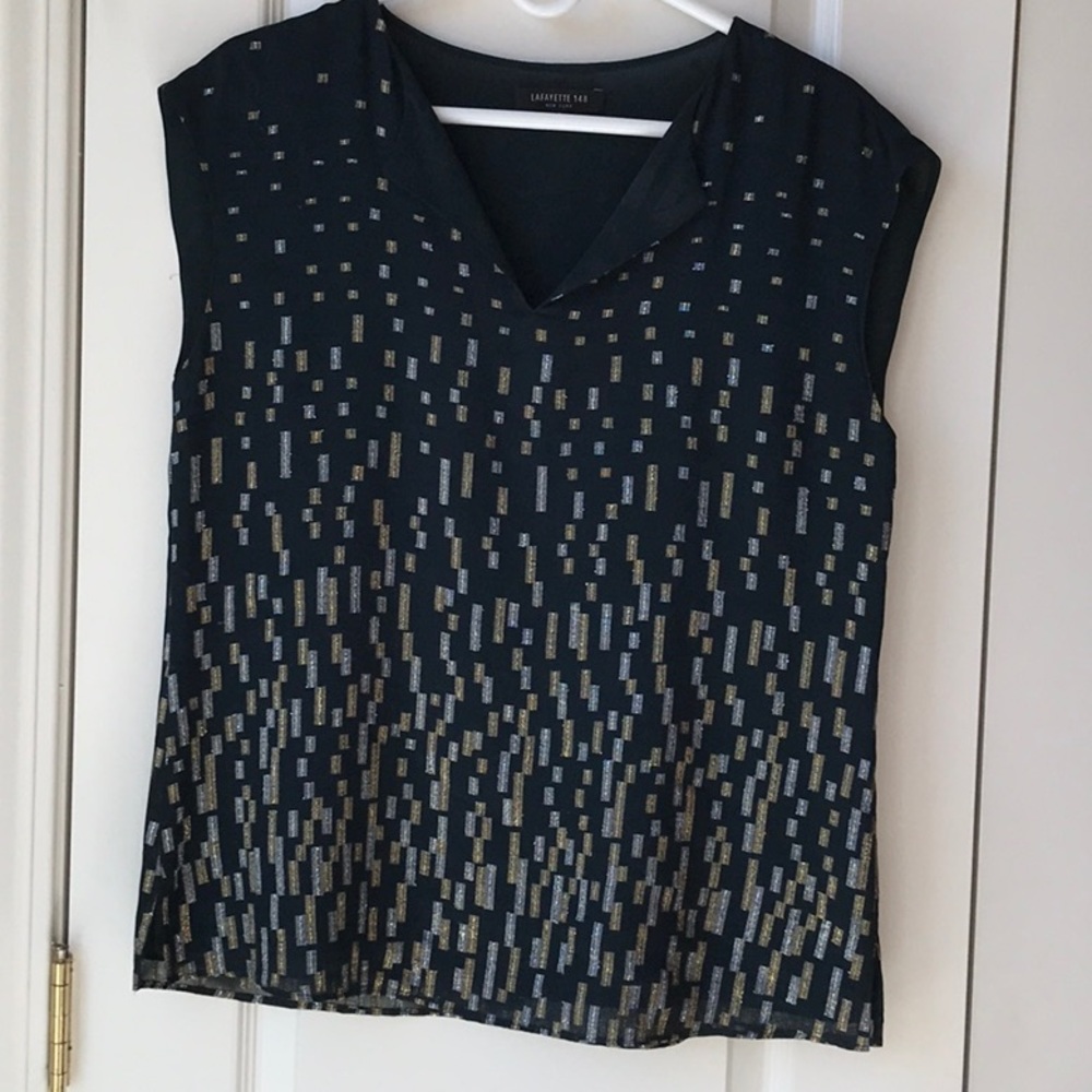 Lafayette 148. Black, cap sleeves gold and silver